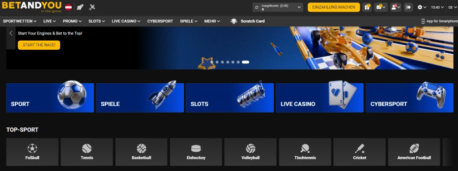 Ein Screenshot der überladenen Homepage von BetandYou Casino