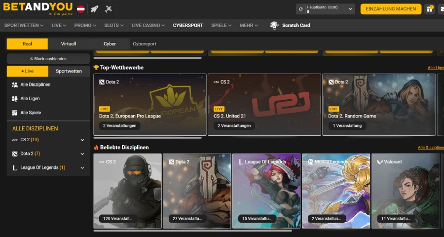 Ein Ausschnitt der Esport Wettmärkte bei BetandYou Casino