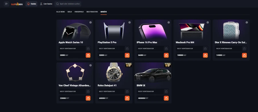 Eine Ansicht über die verschiedenen Sachpreise des BonusShops bei SlotLords Casino.