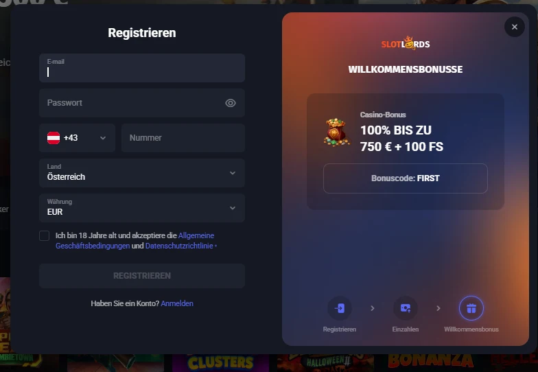 Die Registrierungsmaske bei SlotLords Casino