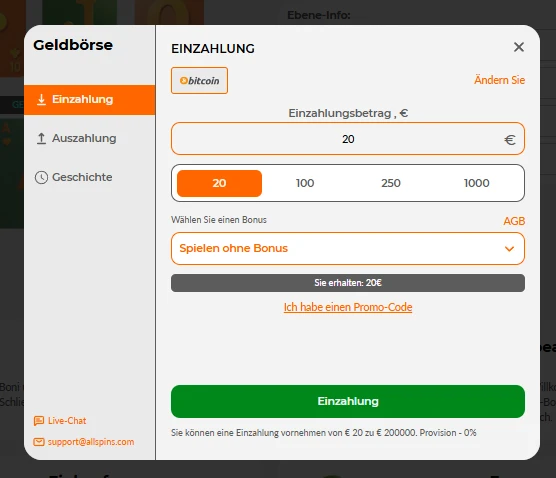Die Einzahlungsmaske von All Spins Casino