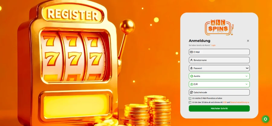 Die Maske zum Registrieren bei Allspins Casino