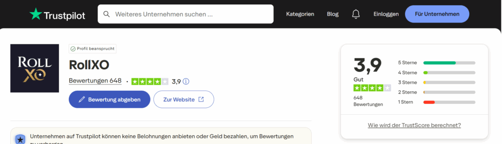 Die Bewertungen über RollXO Casino auf dem Portal Trustpilot