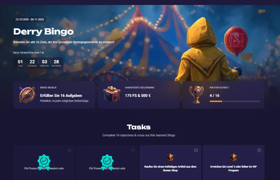 Ein Screenshot der Aktion "Derry Bingo" bei Spirit Casino