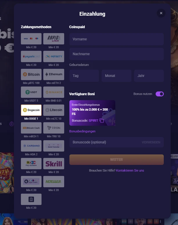 Die Einzahlungsmaske bei Spirit Casino