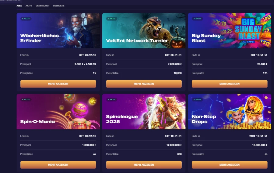 Eine Übersicht über die vielen verschiedenen Turniere bei Spirit Casino