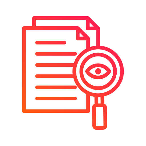 Ein Icon für Transparenz. Man Sieht eine Lupe und 2 Blätter Papier mit stilisiertem Text